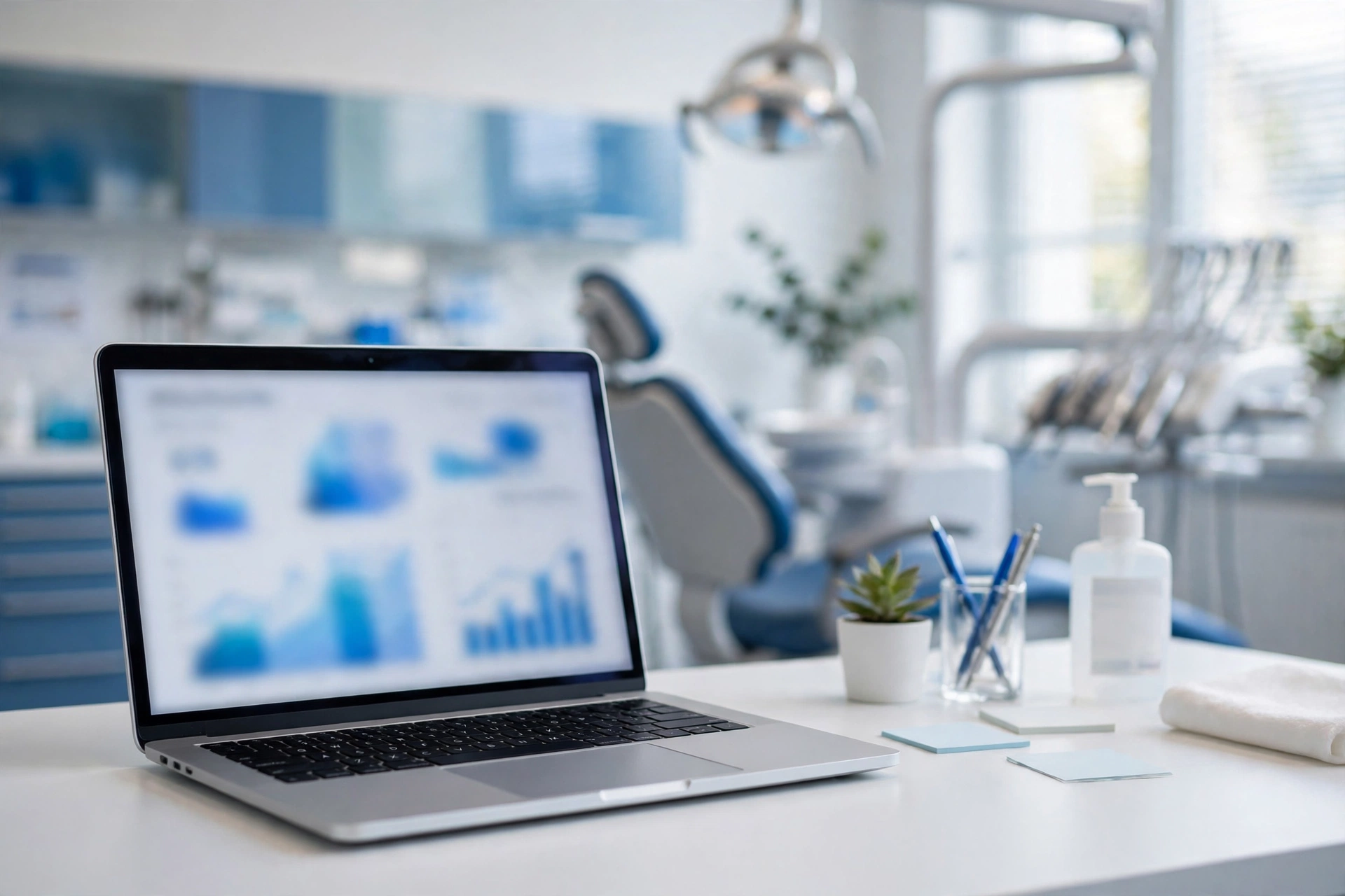 Marketing analytics on laptop in dental office