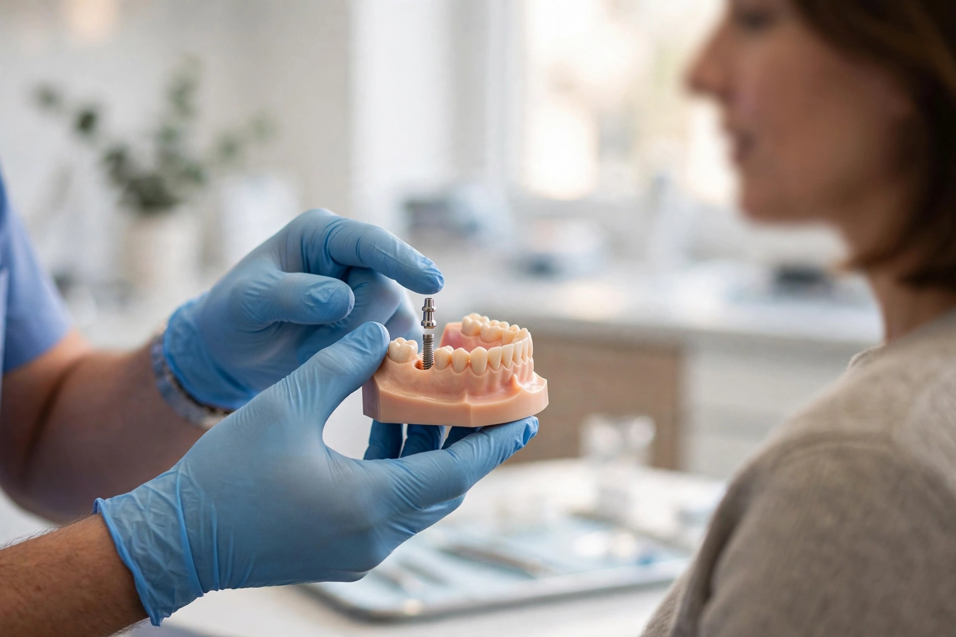 Dentist showing dental implant model